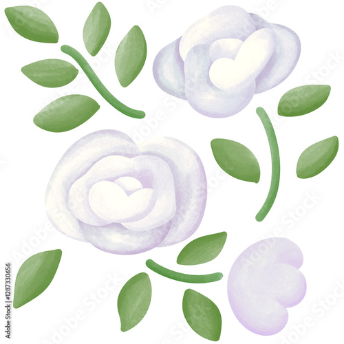 Illustration of a small white rose blooming.