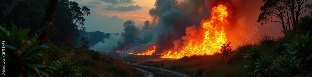 A burst of flame erupts from a tropical bush as it's engulfed in wildfire, burst, fires A burst of flame erupts from a tropical bush as it's engulfed in wildfire, burst, fires