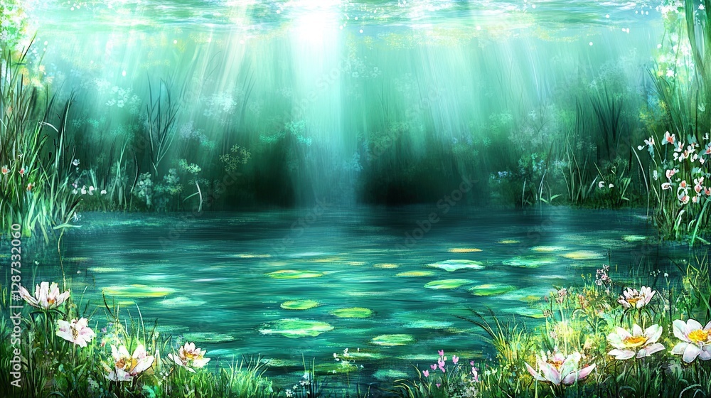 Naklejka premium Sunlit Pond, Aquatic Plants, Forest Background, Idyllic Scene, Nature Wallpaper