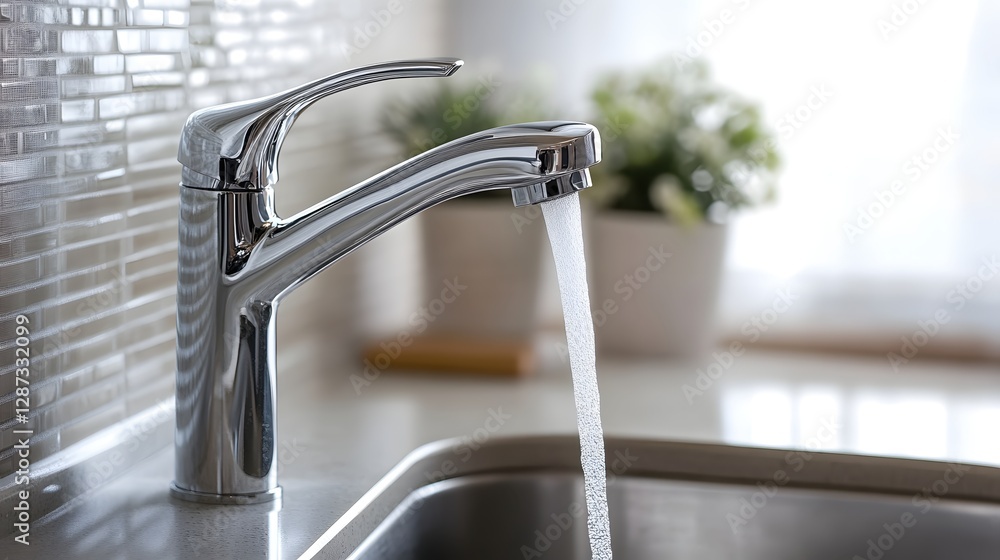 Sparkling Chrome Faucet Flowing with Fresh Water in a Modern Kitchen with Mosaic Tile Backsplash Sparkling Chrome Faucet Flowing with Fresh Water in a Modern Kitchen with Mosaic Tile Backsplash
