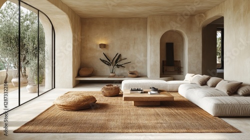 A living room in soft tan tones, sleek beige furniture, a textured tan rug, wooden coffee tables, warm ambient lighting, and potted greenery creating a harmonious design 
