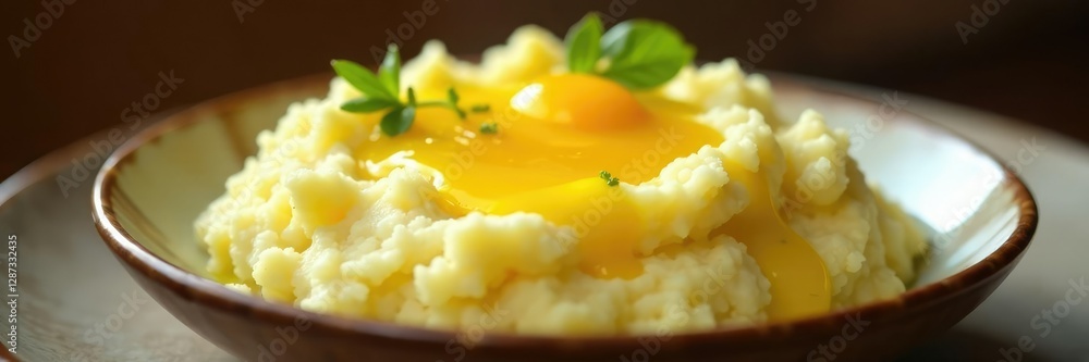Melted butter pooling on the surface of mashed potatoes, topping, sauce, decadent Melted butter pooling on the surface of mashed potatoes, topping, sauce, decadent