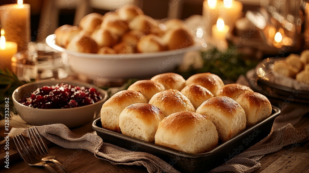 A Thanksgiving table setting with dinner rolls in the foreground, paired with cornbread, stuffing, and a bowl of fresh cranberry sauce, warm ambiance