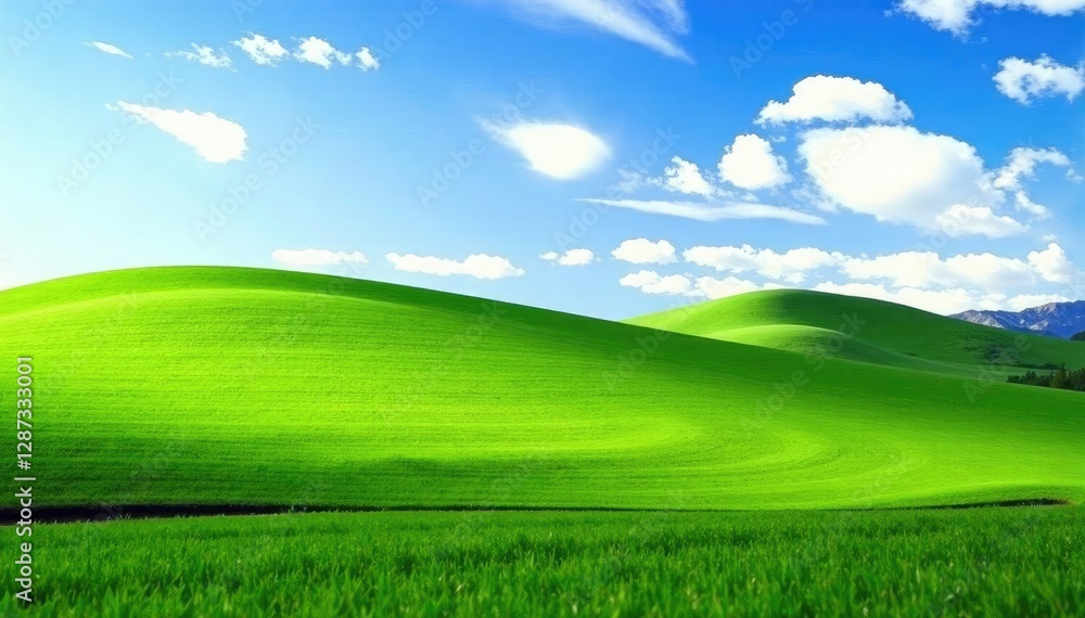 Fototapeta premium rolling hills of green grass meet the open sky, field, horizon, summer