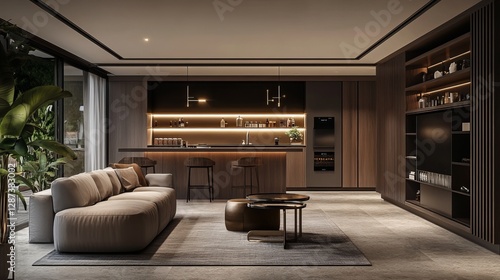 Wallpaper Mural Modern Home Interior With Kitchen And Living Area Featuring A Couch, Table, And Bar Stools. Torontodigital.ca