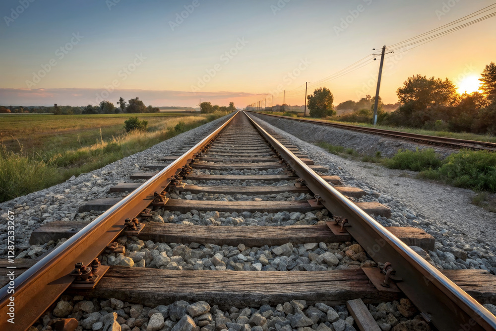 Fototapeta premium serene sunset view along railway tracks, showcasing nature beauty