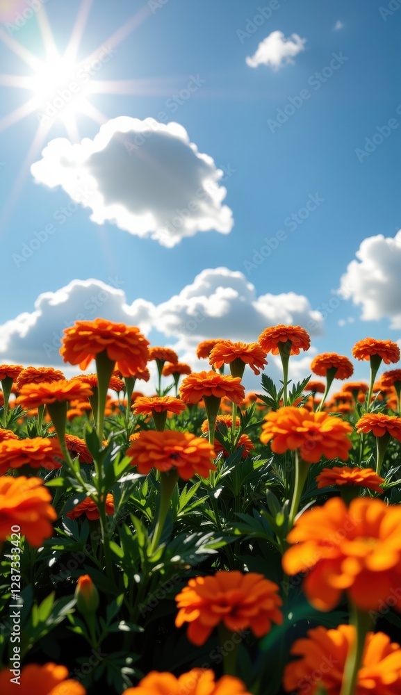 Obraz premium A captivating twilight scene unfolds across a field of vibrant orange marigold flowers, their petals aglow in the soft, fading light.