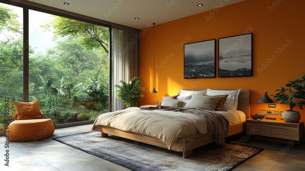 A modern bedroom in light saffron tones, featuring saffron-colored walls, beige bedding, warm lighting, natural wooden furniture, and minimalist decor for a cozy atmosphere A modern bedroom in light saffron tones, featuring saffron-colored walls, beige bedding, warm lighting, natural wooden furniture, and minimalist decor for a cozy atmosphere