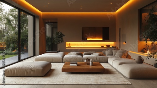 Wallpaper Mural A modern living space in deep amber tones, warm amber-colored walls, soft beige furniture, a large wooden coffee table, glowing ambient lights, and natural textures throughout  Torontodigital.ca