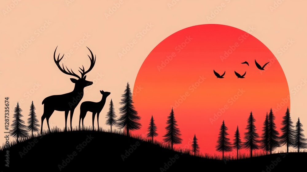Silhouette of Deer and Trees Against a Vibrant Sunset Background