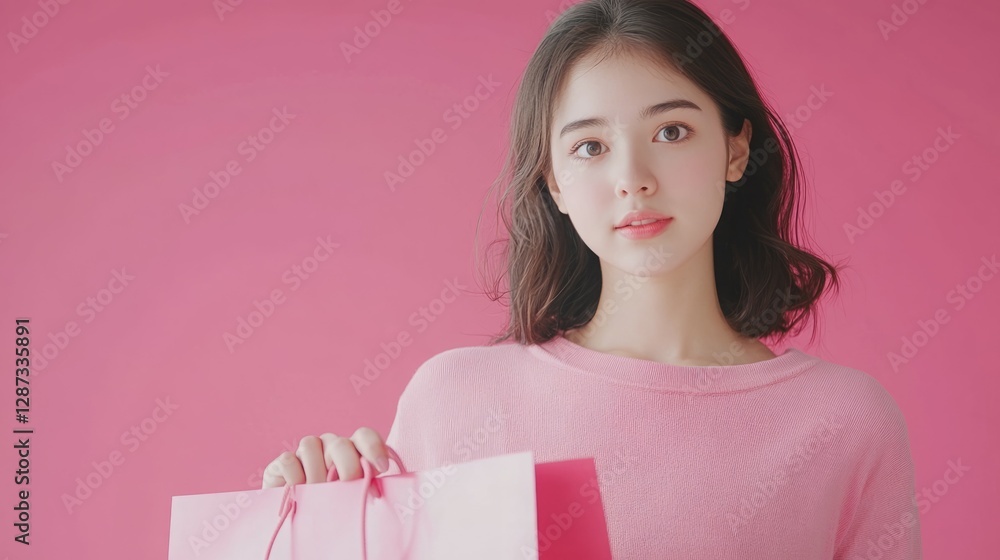 Young Asian woman in pink sweater holds a shopping bag against a pink background. Young Asian woman in pink sweater holds a shopping bag against a pink background.