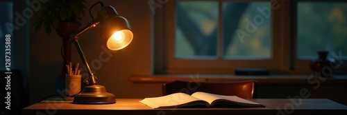 Vintage floor lamp with a warm glow and twinkling light bulbs on a desk, floor lamp, study