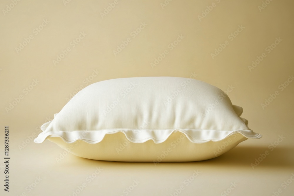 A white rectangular pillow with a decorative ruffled edge A white rectangular pillow with a decorative ruffled edge