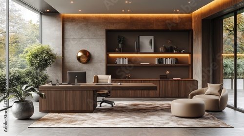 A modern workspace in muted bronze tones with bronze walls sleek wooden furniture beige accents and soft ambient light for a sophisticated and productive design 