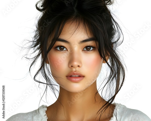 Close-up portrait of a young Asian woman with a messy bun hairstyle and natural makeup.