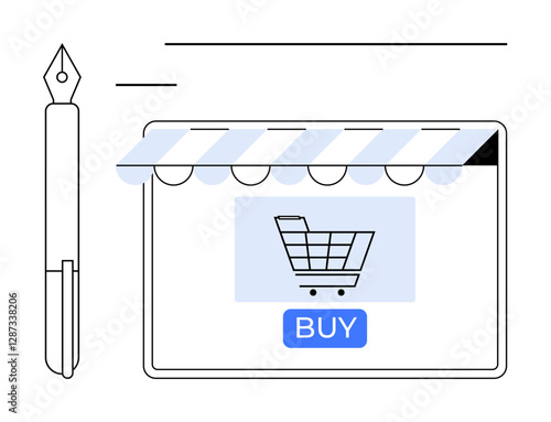 Tablet screen displaying shopping cart and buy button beneath striped awning, accompanied by stylized fountain pen. Ideal for e-commerce, online shopping, digital transactions, retail innovation