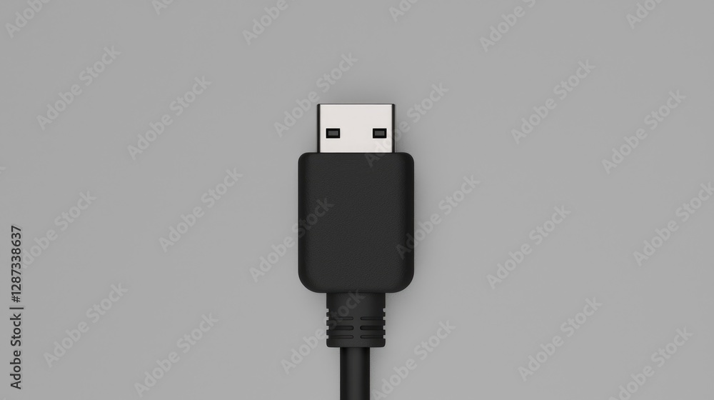 Black USB-C cable on gray background Black USB-C cable on gray background