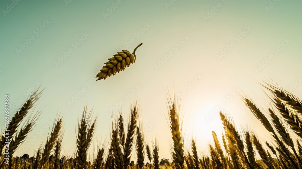 Wheat Sheaf Above Golden Field at Sunset with Clear Skies Wheat Sheaf Above Golden Field at Sunset with Clear Skies