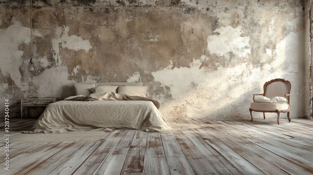 Cozy Bedroom in Minimalist Style with Rustic Wall and Wooden Floor Cozy Bedroom in Minimalist Style with Rustic Wall and Wooden Floor