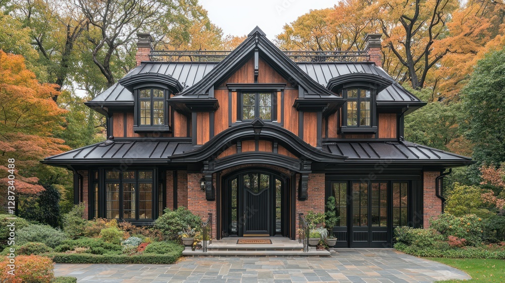 Elegant two-story house with dark trim, brick facade, and autumn foliage. Elegant two-story house with dark trim, brick facade, and autumn foliage.