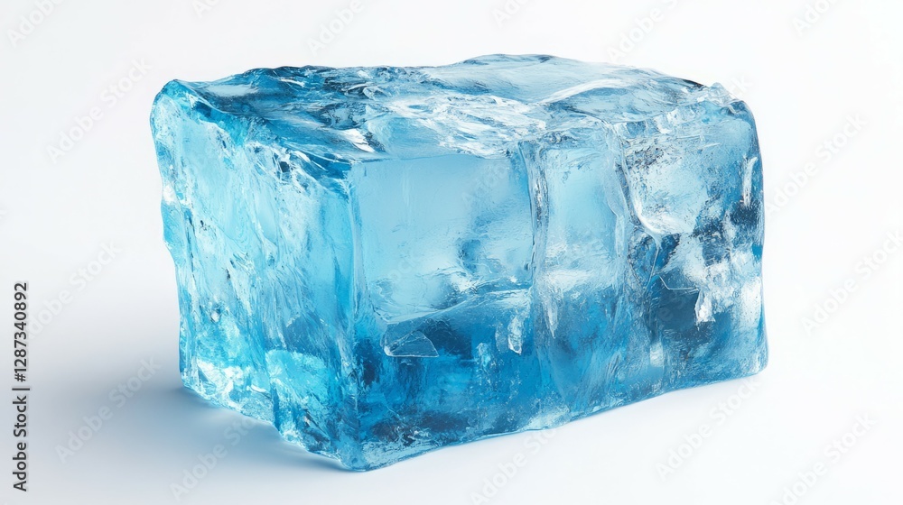 A large, translucent block of ice with a cool, blue hue sits on a white background. A large, translucent block of ice with a cool, blue hue sits on a white background.