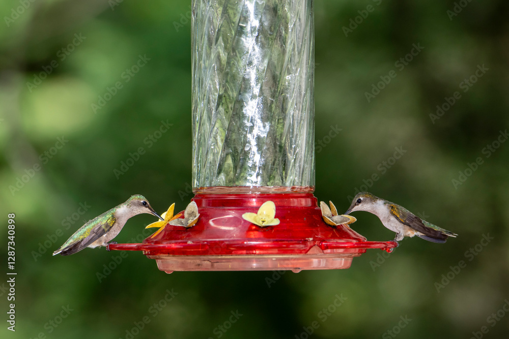 Obraz premium A pair of female Ruby-throated Hummingbirds eating from a bird feeder.