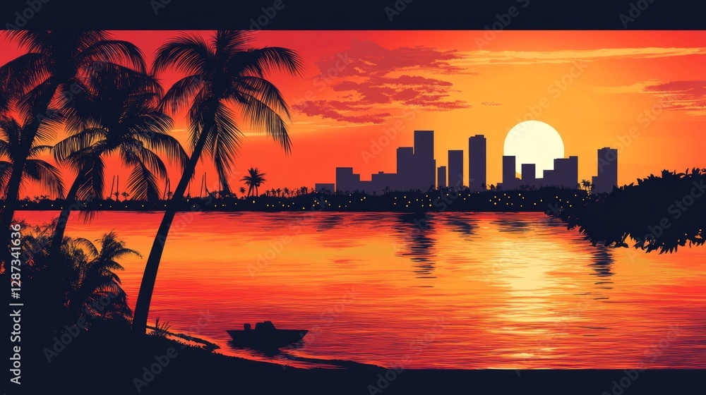 Fototapeta premium Sunset Over A Tropical City Skyline Reflected In Rippling Water. Palm Trees Frame The Vibrant Scene.