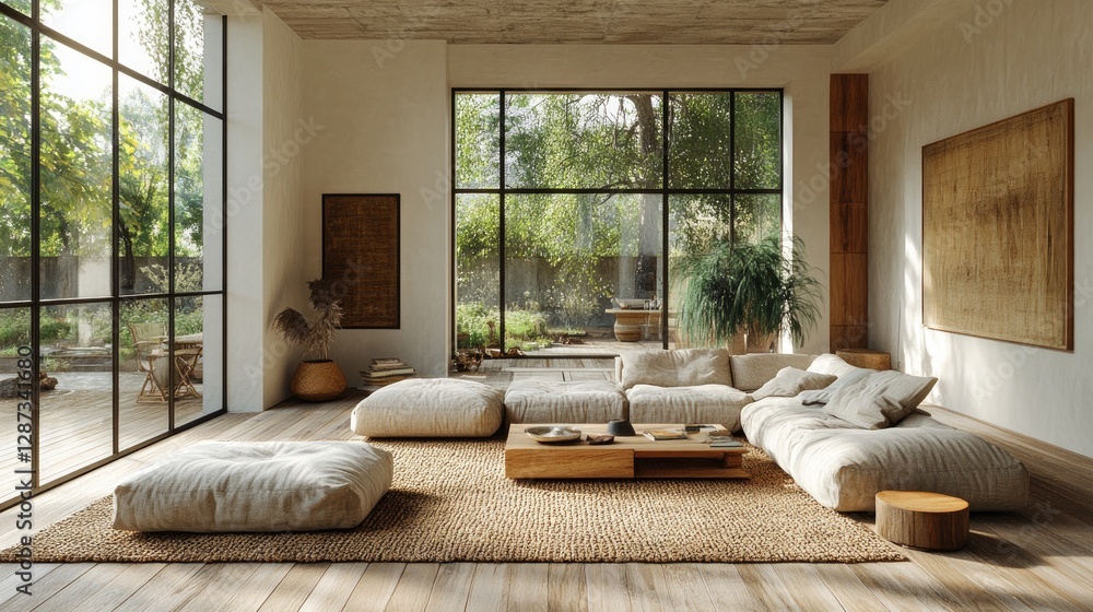 Fototapeta premium An open-concept Nordic living room with soft beige furniture, wooden floors, a textured rug, and soft golden sunlight streaming in through large windows