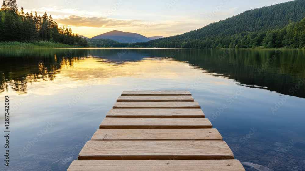 serene wooden dock extends over calm lake at sunset, surrounded by mountains and trees serene wooden dock extends over calm lake at sunset, surrounded by mountains and trees