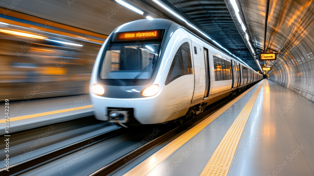Naklejka premium subway train speeding through dimly lit tunnel, creating sense of motion and excitement