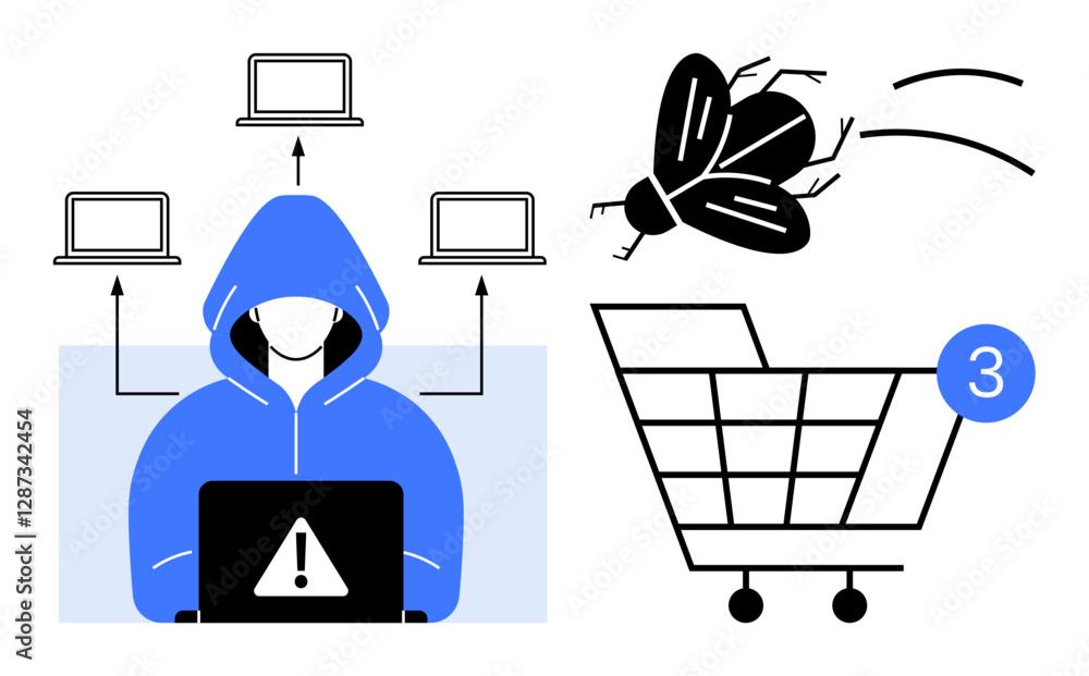 Hacker in blue hoodie with laptop and alert symbol, multiple laptops, bug, shopping cart with notification bubble. Ideal for cybersecurity, online threats, e-commerce, digital security, hacking Hacker in blue hoodie with laptop and alert symbol, multiple laptops, bug, shopping cart with notification bubble. Ideal for cybersecurity, online threats, e-commerce, digital security, hacking