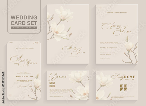 Set of Aesthetic Wedding Invitation Template with White Flower Arrangement