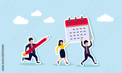 Businessman and businesswoman run carrying a calendar, while another businessman chases them with a pencil, illustration of managing and planning schedules