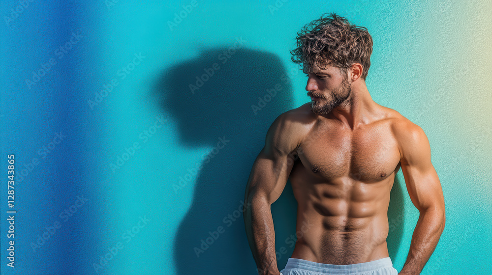 Fototapeta premium Muscular man with six pack abs against colorful wall, showcasing strength and confidence