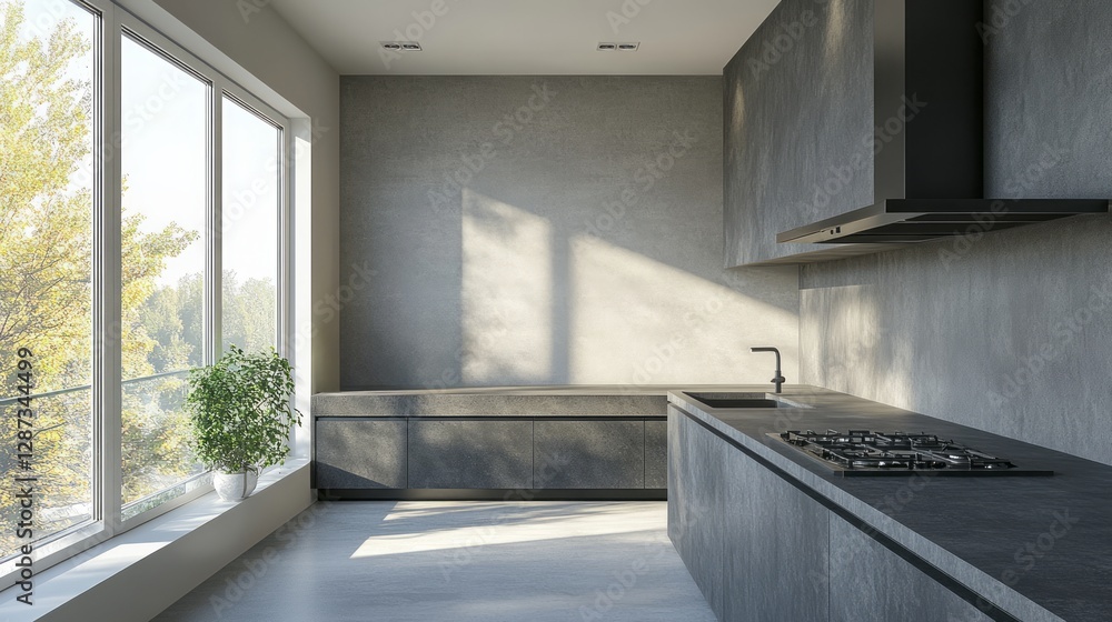 Obraz premium Modern kitchen with concrete walls and a large window