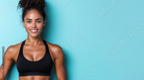 Confident woman in sportswear with toned physique against blue background