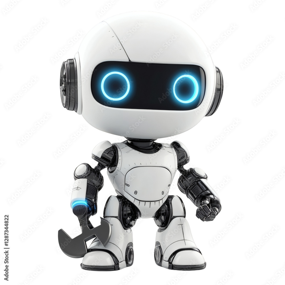 Confident 3D Cartoon Robot Holding a Wrench Isolated on Transparent Background Confident 3D Cartoon Robot Holding a Wrench Isolated on Transparent Background