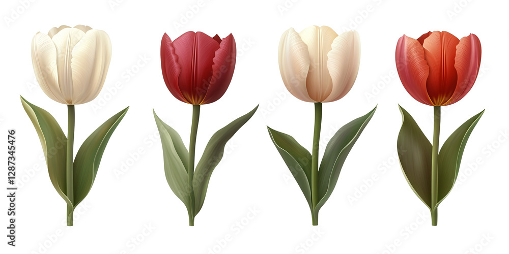 Fototapeta premium Four beautiful tulips in red and white displayed on a black background.