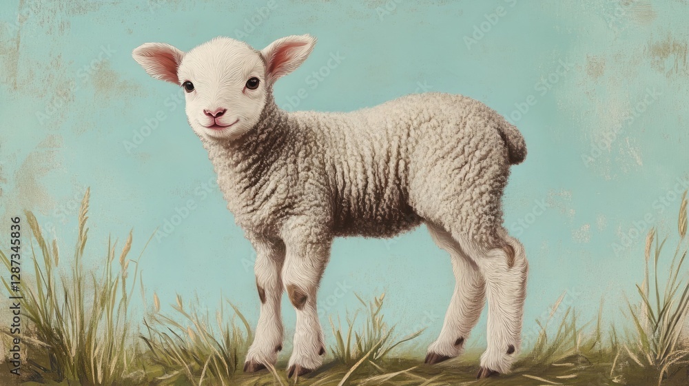 Adorable lamb standing in a field of grass against a light blue sky. Adorable lamb standing in a field of grass against a light blue sky.
