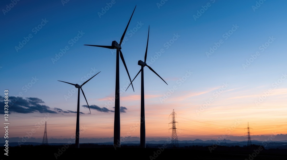 Wind turbines at sunset, energy production, rural landscape Wind turbines at sunset, energy production, rural landscape