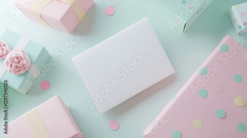 Blank Envelope Surrounded by Colorful Gift Boxes on Pastel Background