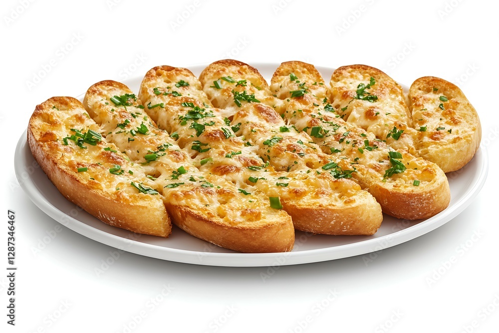 Plate of toasted baguette with cheese and parsley on white background Plate of toasted baguette with cheese and parsley on white background