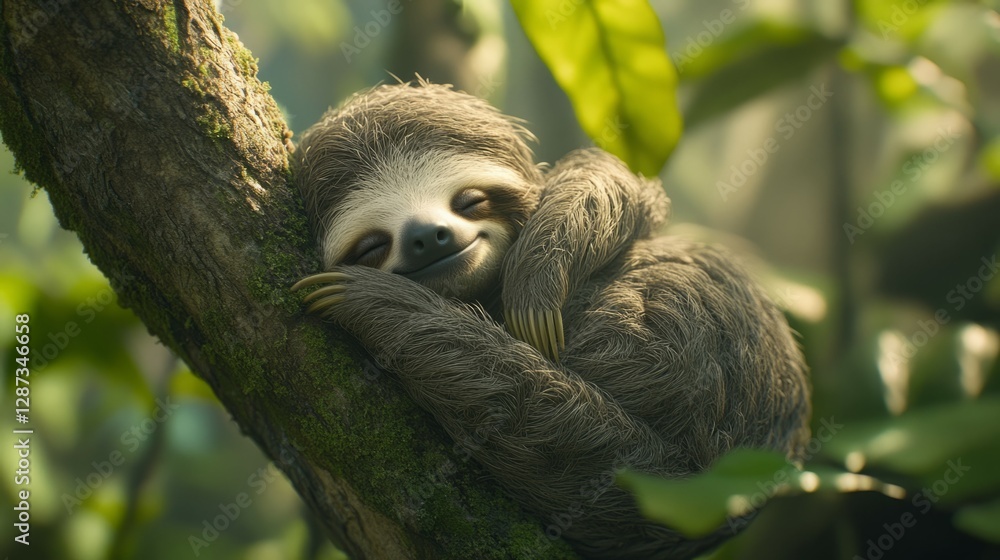 Naklejka premium Sweet Dreams! This adorable sloth is napping peacefully in its treetop home.