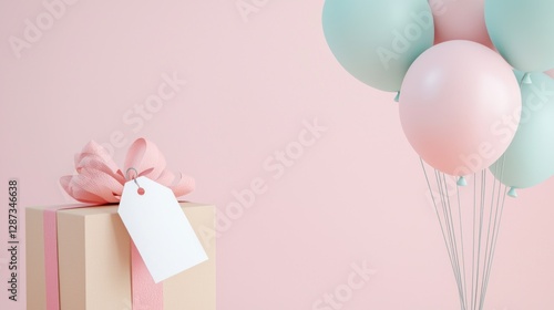 Open Gift Box with Blank Tag and Colorful Balloons on Pink Background