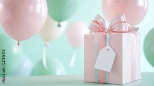 Elegant Gift Box with Blank Tag and Soft Pastel Balloons in Background
