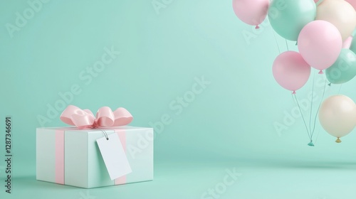Open Gift Box with Blank Tag and Floating Balloons on a Mint Background