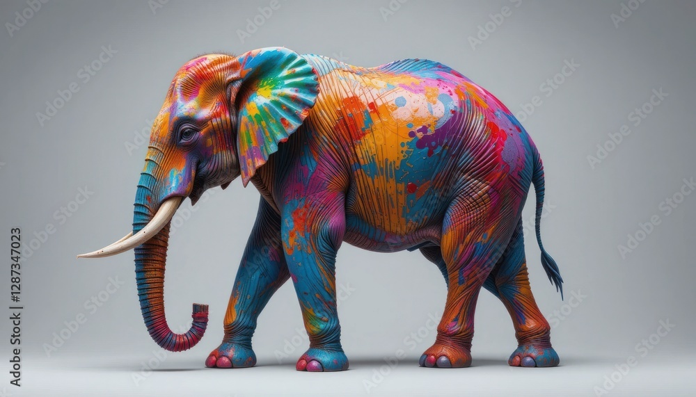 Obraz premium Vibrant Pixelated Elephant in Walking Pose Against Gray Background