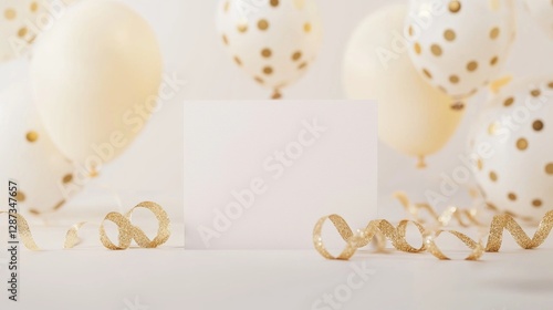 White Card Nestled in a Swirl of Golden Decorations and Balloons