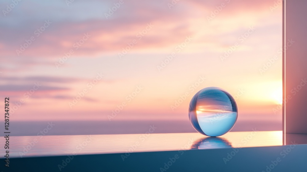 Crystal sphere on reflective surface with serene ocean sunset, pastel sky colors. Tranquility and reflection concept Crystal sphere on reflective surface with serene ocean sunset, pastel sky colors. Tranquility and reflection concept