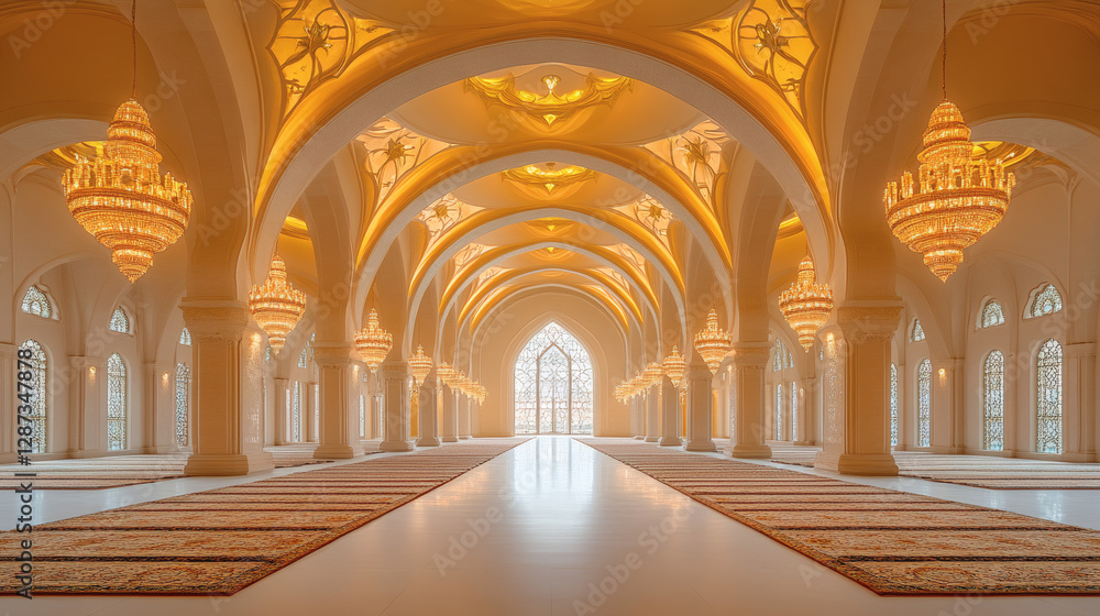 Obraz premium Grand Mosque Interior Golden Light And White Pillars (Interior) Architecture Image Displaying Religious Design Features. Worship Area With Prayer Rugs, And Ornate Details. Crystal Chandeliers In